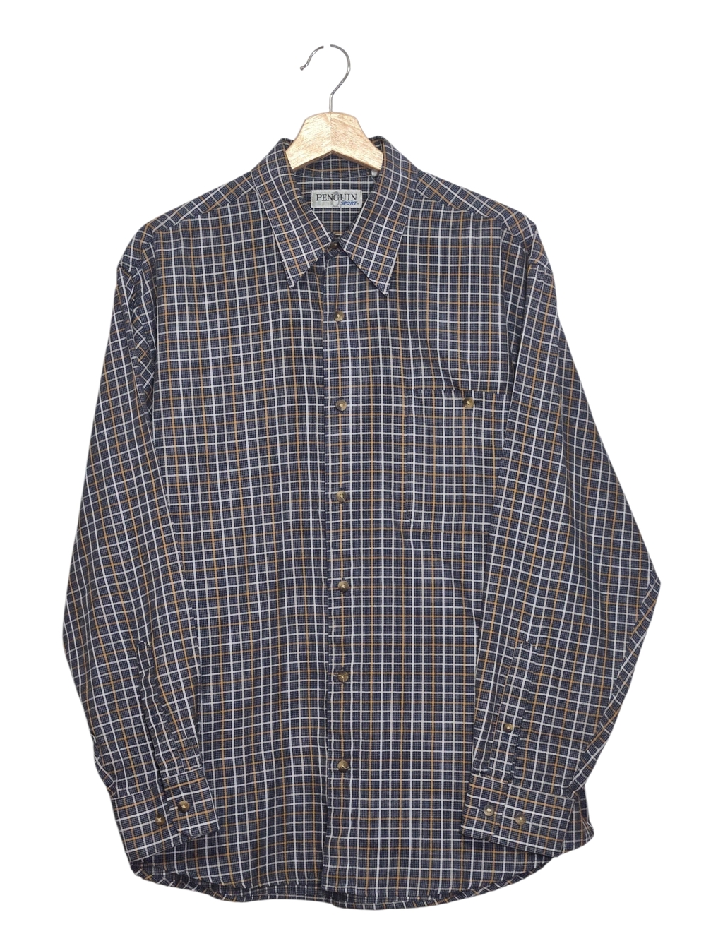 Original Penguin Men's Navy and Brown Windowpane Button-Up Shirt Size Large